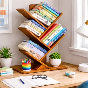 BAMBOO WOOD BOOK SHELF - 4 TIER TREE SHAPE STANDING BOOK ORGANIZER