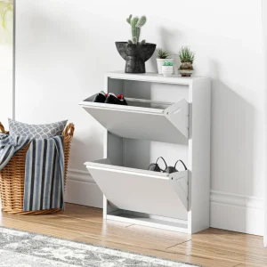MODERN 2-LAYER STEEL SHOE STORAGE CABINET, SLIM SHOE ORGANIZER, WALL-MOUNTED OR FREESTANDING FOR ENTRYWAY & HALLWAY