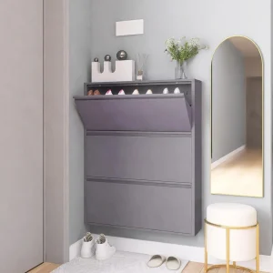 STEEL SHOE CABINET, 3 FLIP DOOR SHOE ORGANIZER FOR ENTRYWAY & BEDROOM