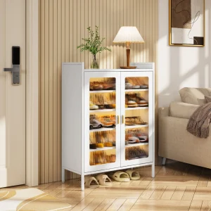 Upgrade your entryway or living space with the 2-Door Grey Shoe Cabinet – 6-Tier Heavy Duty Metal Storage. The Shoe Rack is crafted from premium carbon steel with a sleek white powder-coated finish. This cabinet combines durability with style. Its sturdy metal frame and heavy-duty legs ensure maximum stability, while the 6 spacious tiers provide ample storage for organizing shoes neatly.
