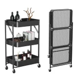 3 LAYER FOLDABLE ROLLING CART, ROTATABLE MULI PURPOSE CART, BLACK COLOUR TROLLEY