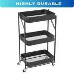 3 LAYER FOLDABLE ROLLING CART, ROTATABLE MULI PURPOSE CART, BLACK COLOUR TROLLEY