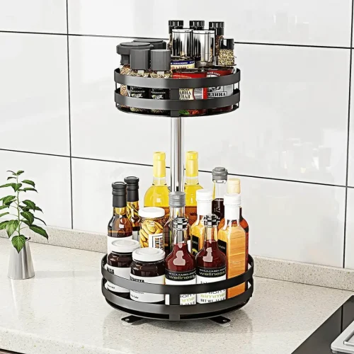 ROTATABLE KITCHEN SPICE RACK, MULTIFUNCTION 2 LAYER ROUND SHAPED RACK, BLACK COLOUR