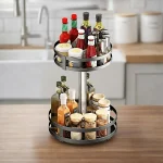 ROTATABLE KITCHEN SPICE RACK, MULTIFUNCTION 2 LAYER ROUND SHAPED STORAGE RACK, BLACK COLOUR