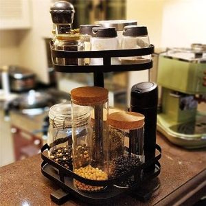 ROTATABLE SPICE RACK, MULTIFUNCTION 2 LAYER RACK, SQUARE SHAPE RACK, BLACK POWDER COATED