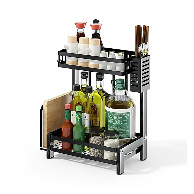 TWO LAYER SPICE RACK, CARBON STEEL COUNTERTOP SPICE RACK, KNIFE & SPOON & CUTTING BOARD HOLDER (5) TWO LAYER SPICE RACK, CARBON STEEL COUNTERTOP SPICE RACK, KNIFE & SPOON & CUTTING BOARD HOLDER - Image 1