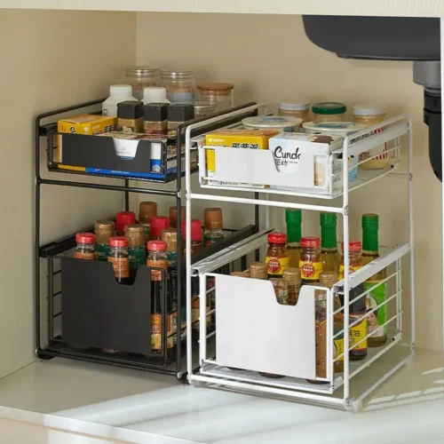 UNDER CABINET ORGANIZER, WITH FLOOR STANDING PULL OUT DRAWERS, COUNTERTOP AND UNDER CABINET STORAGE SHELF RACK