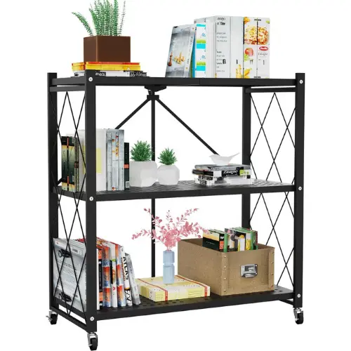 3 LAYER FOLDABLE SHEL, KITCHEN FOLDABLE STORAGE RACK, 3 TIER KITCHEN ORGANIZER, MULTI PURPOSE RACK WITH WHEELS