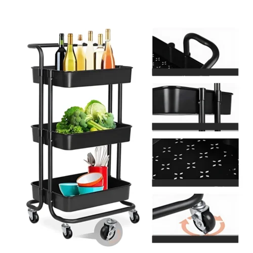 black 3-tier storage cart, multipurpose trolley, kitchen storage rack, rolling cart organizer, bathroom storage trolley, steel frame trolley, rust-free storage cart, ABS plastic shelves, black powder-coated cart, storage cart in Sri Lanka