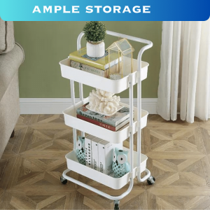 3 TIER TROLLEY WITH HANDLE, STORAGE CART ORGANIZER, WHITE POWDER COATED, MULTIPURPOSE STORAGE CART