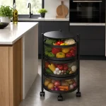 3 Tier 360° Rotating Mesh Basket Kitchen Trolley with Wheels ( Black & White ) - Image 2
