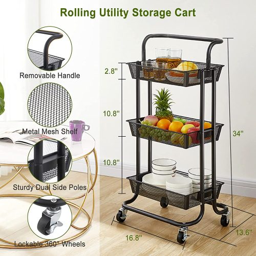 3 LAYER MESH WIRE TROLLEY, ROTATBLE CART, BLACK COLOR, TROLLEY WITH WHEELS