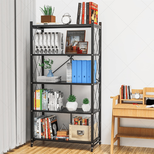 FOLDABLE SHELF, 5 LAYER STORAGE RACK, BLACK POWDER COATED, MULTI PURPOSE RACK