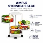 3 Tier 360° Rotating Mesh Basket Kitchen Trolley with Wheels ( Black & White ) - Image 9