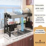 SINGLE LAYER RETRACTABLE SINK STORAGE RACK, KITCHEN ORGANIZER WITH CHOPSTICK HOLDER, KINFE HOLDER AND SPONGE HOLDER, WITH HANGING HOOKS