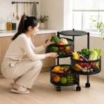 3 Tier 360° Rotating Mesh Basket Kitchen Trolley with Wheels ( Black & White ) - Image 10
