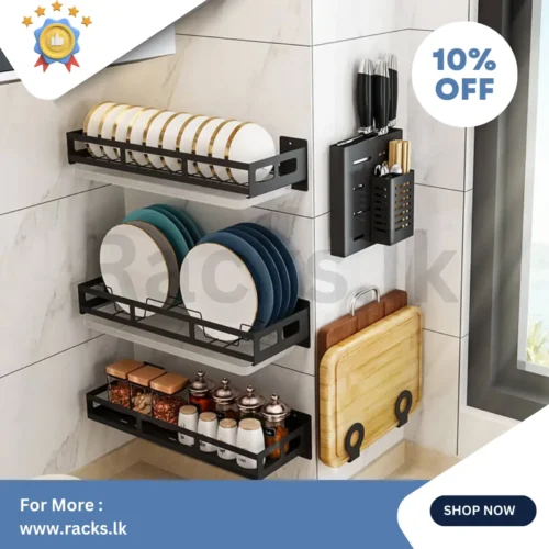 Wall Mount Kitchen Rack, 6 pcs of Spoon, Knife, cutting board holder, Spice, Plate, Bowl Rack