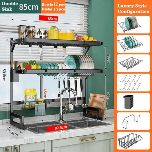 DOUBLE LAYER SINK TOP DISH RACK, 85CM SINK OVER DISH DRYING RACK, STAINLESS STEEL