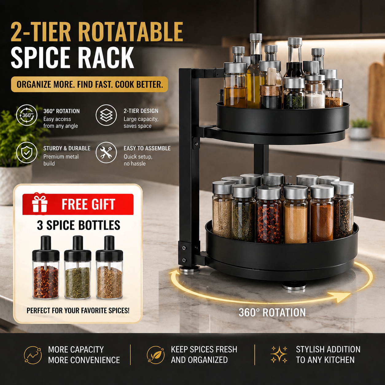 2 Tier Rotatable Spice Rack Kitchen Organizer Condiment Rack 2 TIER ROTATABLE SPICE RACK | KITCHEN ORGANIZER | CONDIMENT RACK - Image 1