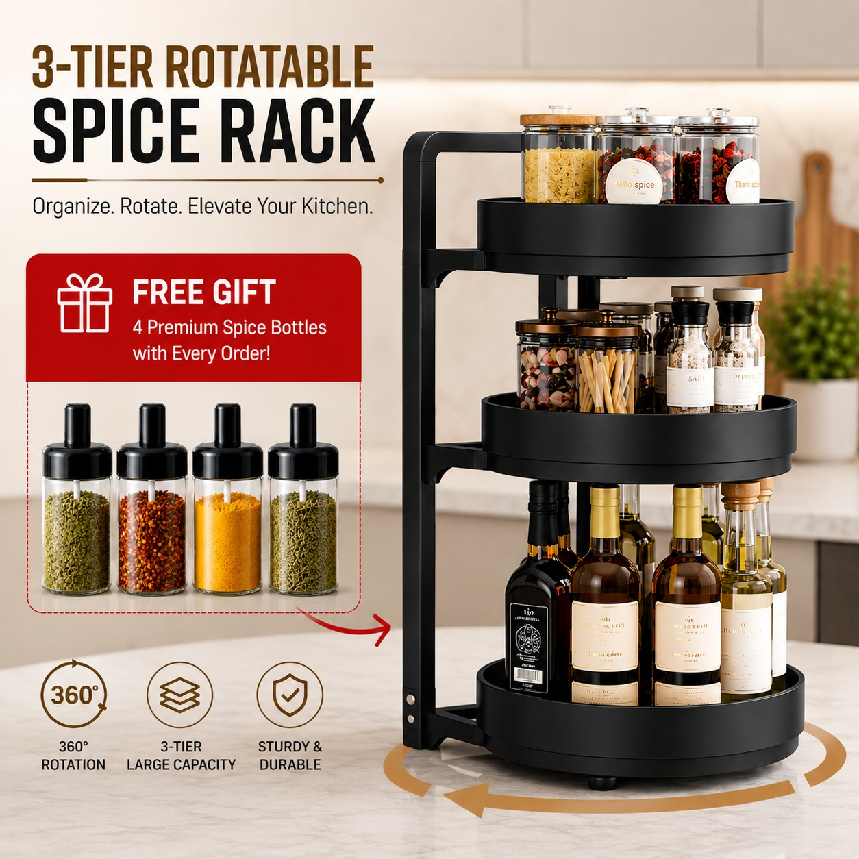 3 Tier Rotatable Spice Rack 3 TIER CONDIMENT RACK | COUNTERTOP SEASONING RACK | KITCHEN STORAGE STAND - Image 1