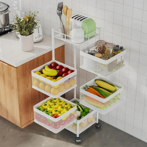 5 LAYER REVOLVING MULTI PURPOSE CART, SQUARE SHAPE 5 TIER TROLLEY, WHITE COLOUR