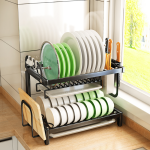 2 LAYER KITCHEN DISH RACK WITH UTENSIL AND CUTTING BOARD HOLDER, STAINLESS STEEL DISH RACK WITH WATER DRAIN TRAY