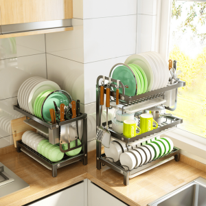 2 LAYER KITCHEN DISH RACK WITH UTENSIL AND CUTTING BOARD HOLDER, STAINLESS STEEL DISH RACK WITH WATER DRAIN TRAY