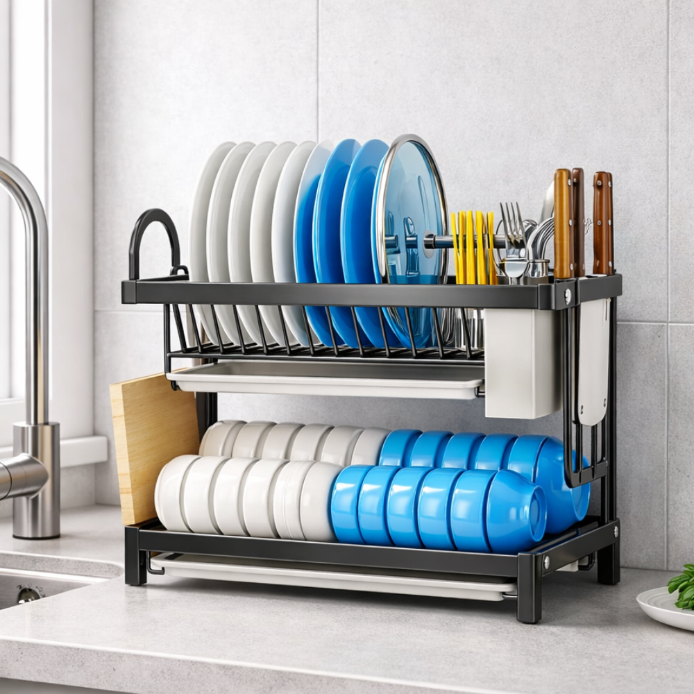 2 LAYER KITCHEN DISH RACK WITH UTENSIL AND CUTTING BOARD HOLDER, STAINLESS STEEL DISH RACK WITH WATER DRAIN TRAY 2 LAYER KITCHEN DISH RACK WITH UTENSIL AND CUTTING BOARD HOLDER, STAINLESS STEEL DISH RACK WITH WATER DRAIN TRAY - Image 1