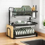 3 LAYER KITCHEN DISH RACK WITH UTENSIL AND CUTTING BOARD HOLDER, STAINLESS STEEL DISH RACK WITH WATER DRAIN TRAY