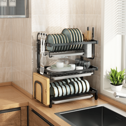 3 LAYER KITCHEN DISH RACK WITH UTENSIL AND CUTTING BOARD HOLDER, STAINLESS STEEL DISH RACK WITH WATER DRAIN TRAY