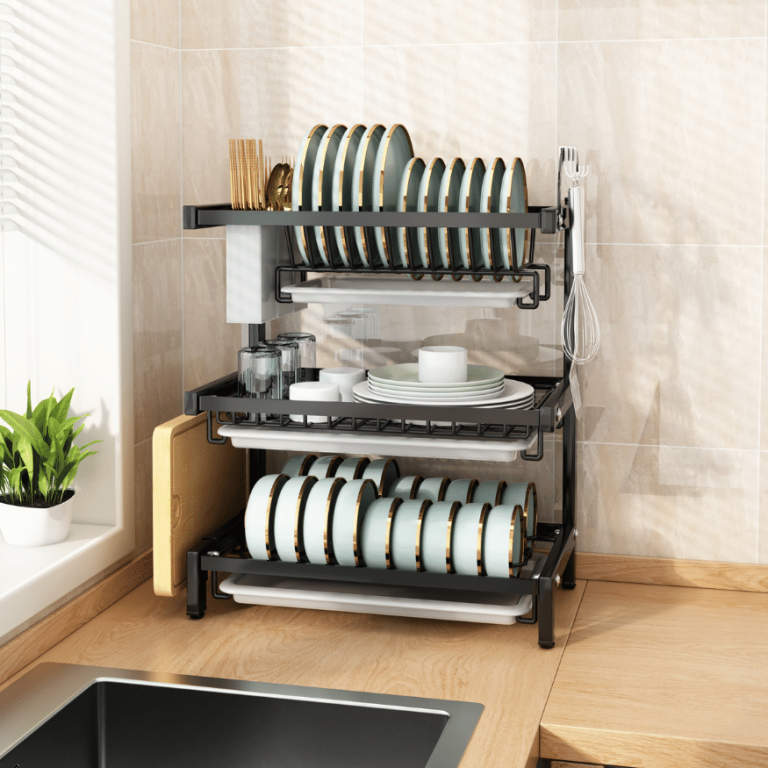 3 LAYER KITCHEN DISH RACK WITH UTENSIL AND CUTTING BOARD HOLDER ...