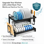 2 LAYER KITCHEN DISH RACK WITH UTENSIL AND CUTTING BOARD HOLDER, STAINLESS STEEL DISH RACK WITH WATER DRAIN TRAY - Image 4