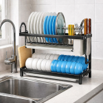 2 LAYER KITCHEN DISH RACK WITH UTENSIL AND CUTTING BOARD HOLDER, STAINLESS STEEL DISH RACK WITH WATER DRAIN TRAY - Image 3