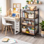 STEEL FOLDABLE RACK WITH WOODEN SHELF - 4 TIER STORAGE RACK WITH WHEELS - Image 8