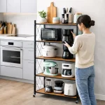 STEEL FOLDABLE RACK WITH WOODEN SHELF - 5 TIER STORAGE RACK WITH WHEELS - Image 5