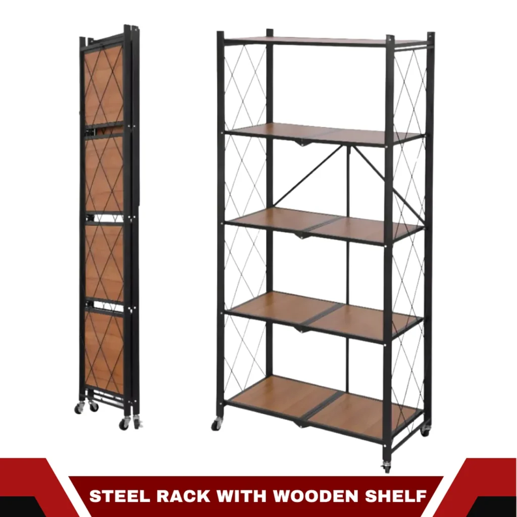 STEEL FOLDABLE RACK WITH WOODEN SHELF - 5 TIER STORAGE RACK WITH WHEELS