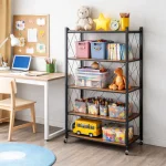 STEEL FOLDABLE RACK WITH WOODEN SHELF - 5 TIER STORAGE RACK WITH WHEELS - Image 3