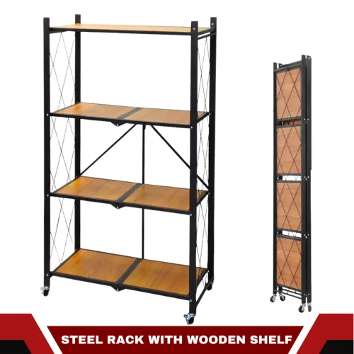 STEEL FOLDABLE RACK WITH WOODEN SHELF - 4 TIER STORAGE RACK WITH WHEELS