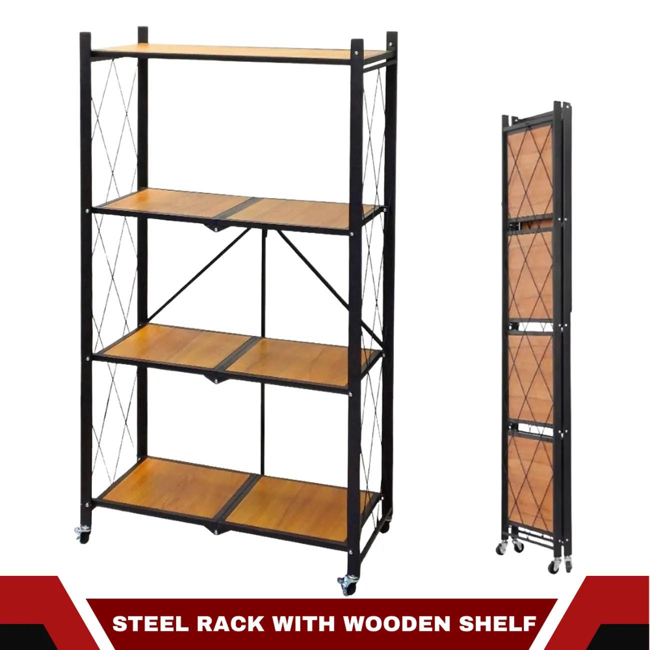 STEEL FOLDABLE RACK WITH WOODEN SHELF - 4 TIER STORAGE RACK WITH WHEELS STEEL FOLDABLE RACK WITH WOODEN SHELF - 4 TIER STORAGE RACK WITH WHEELS