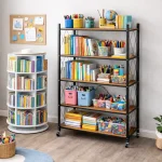 STEEL FOLDABLE RACK WITH WOODEN SHELF - 5 TIER STORAGE RACK WITH WHEELS - Image 6