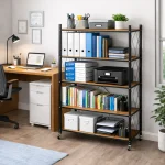 STEEL FOLDABLE RACK WITH WOODEN SHELF - 4 TIER STORAGE RACK WITH WHEELS - Image 3