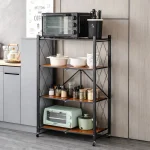 STEEL FOLDABLE RACK WITH WOODEN SHELF - 4 TIER STORAGE RACK WITH WHEELS - Image 4
