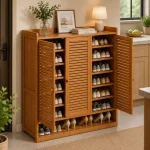 Bamboo Finish Shoe Cabinet, 3 Door Wooden Shoe Storage Cabinet with Magnetic Lock - Image 4