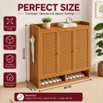 Bamboo Finish Shoe Cabinet, 3 Door Wooden Shoe Storage Cabinet with Magnetic Lock - Image 2