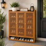 Bamboo Finish Shoe Cabinet, 3 Door Wooden Shoe Storage Cabinet with Magnetic Lock