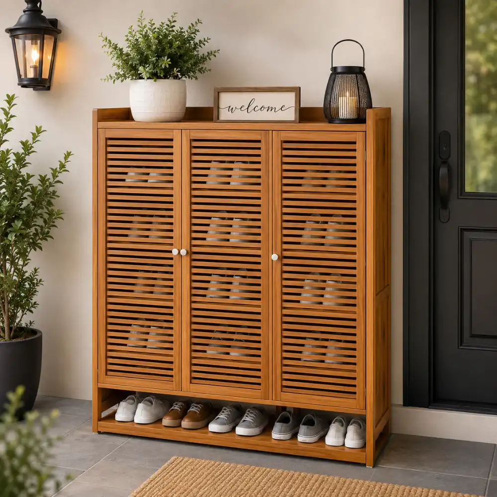 Shoe Organizer Cabinet Sri Lanka Bamboo Finish Shoe Cabinet, 3 Door Wooden Shoe Storage Cabinet with Magnetic Lock - Image 1