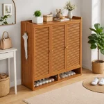 Bamboo Finish Shoe Cabinet, 3 Door Wooden Shoe Storage Cabinet with Magnetic Lock - Image 6