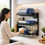 WALL MOUNT HEAVY DISH RACK, 3 LAYER KITCHEN DISH RACK WITH SPOON, KNIFE AND CUTTING BOARD HOLDER - Image 3