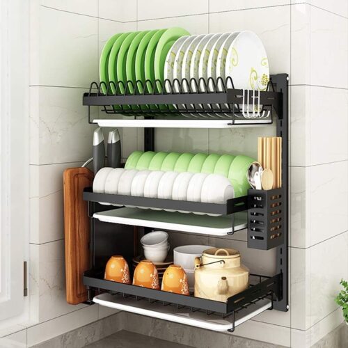 WALL MOUNT HEAVY DISH RACK, 3 LAYER KITCHEN DISH RACK WITH SPOON, KNIFE AND CUTTING BOARD HOLDER