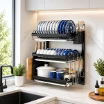 WALL MOUNT HEAVY DISH RACK, 3 LAYER KITCHEN DISH RACK WITH SPOON, KNIFE AND CUTTING BOARD HOLDER
